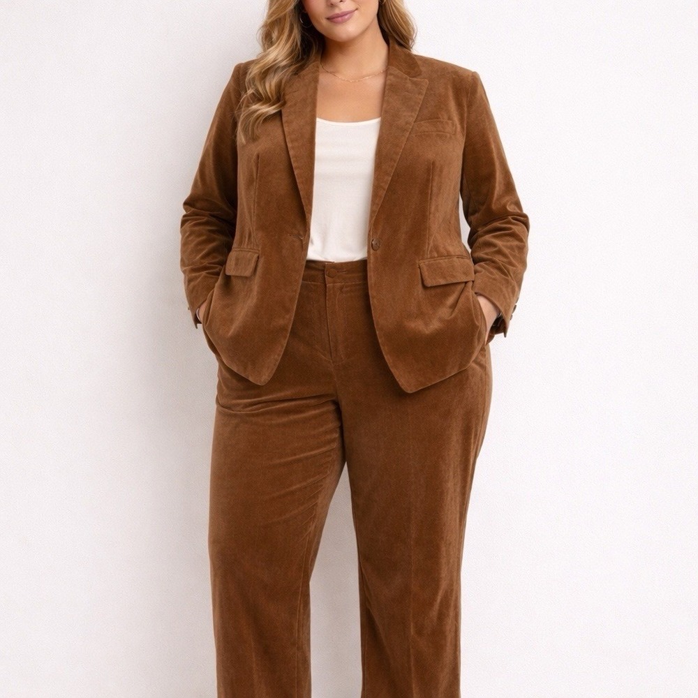 J Crew Willa Velvet Blazer 22 Kate Straight Leg Pants 20 Brown Suit Set